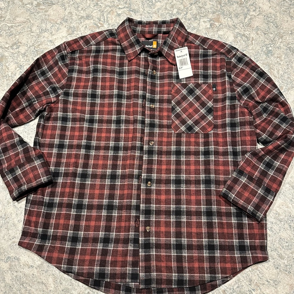 Timberland Men's Red and Black Plaid Button Down Shirt